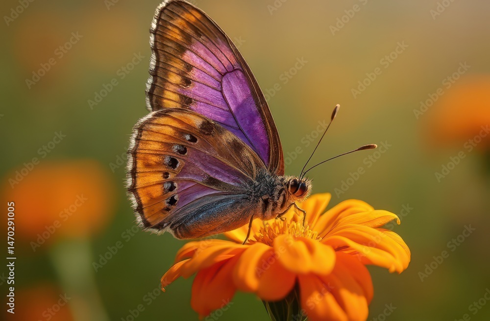 Fototapeta premium Purple emperor butterfly with bold markings on orange marigold in open meadow. Generative AI