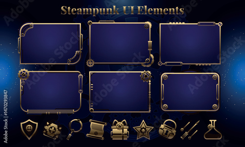 Set of Steampunk Fantasy Elements and Icons for user interface, poster, video. Fantasy mechanic HUD. Template for rpg game interface. Vector Illustration EPS10