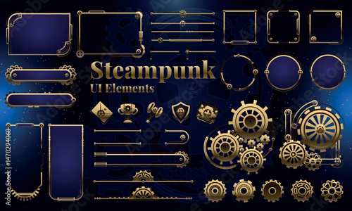 Set of Steampunk Fantasy Elements for user interface, poster, video. Fantasy mechanic HUD. Template for rpg game interface. Vector Illustration EPS10