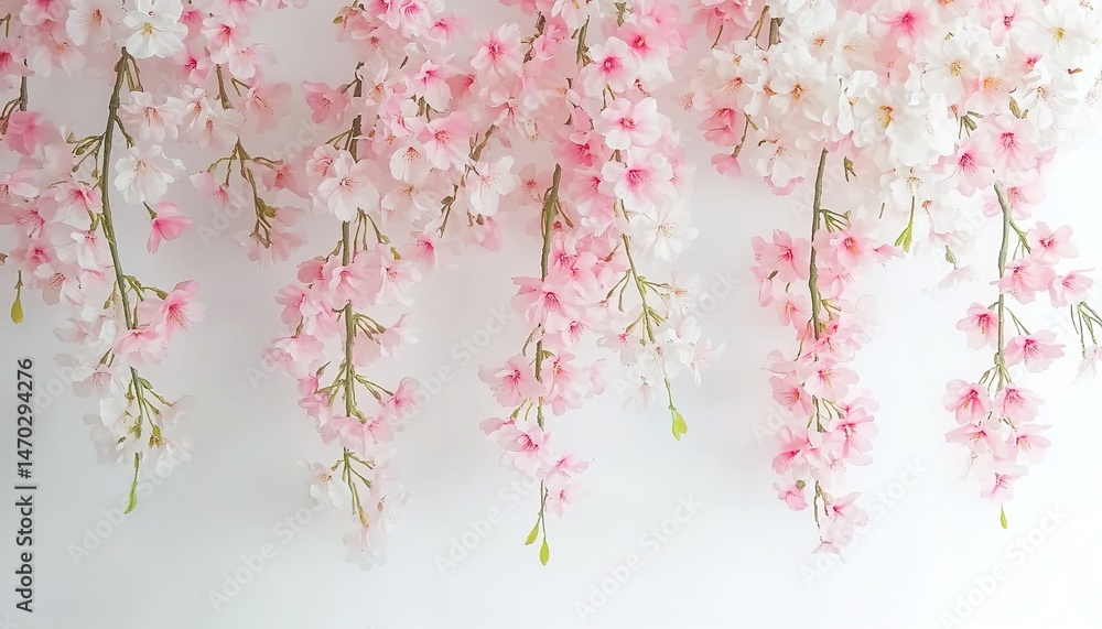 Fototapeta premium Pink and white cherry blossoms hanging from branches against white backdrop.