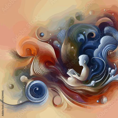 Child reading a book surrounded by colorful abstract swirls and dreamy elements