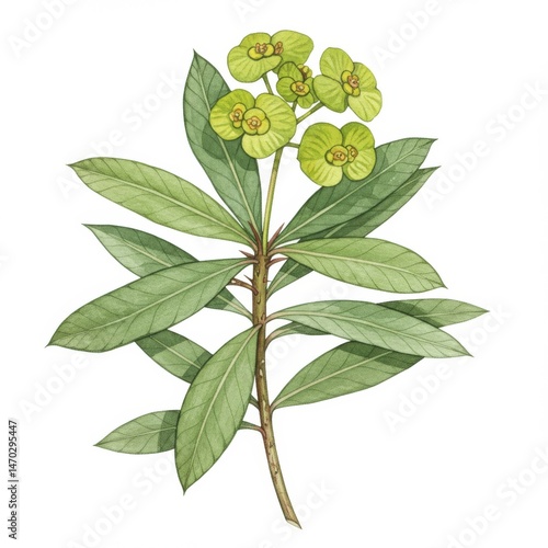 Detailed Watercolor Illustration of Green Plant with Yellow Flowers