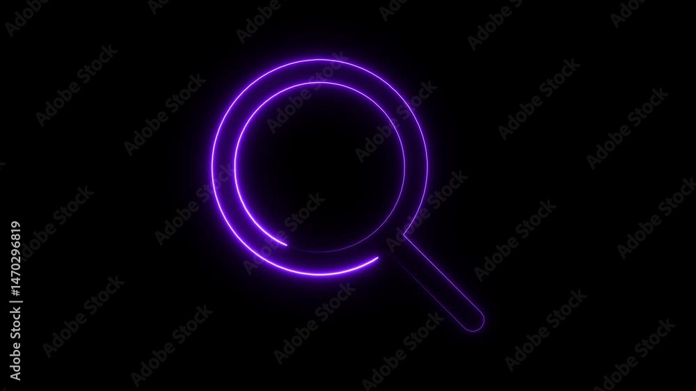 Digital magnifying search icon and black background. Outline neon purple icon on black background. Digital magnifying search icon and black background. Outline neon purple icon on black background.