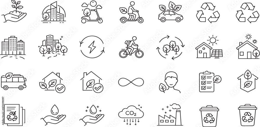 Green city editable stroke outline icons set isolated on white background flat vector illustration. Green city editable stroke outline icons set isolated on white background flat vector illustration.