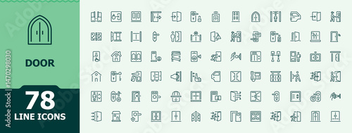 Door icon set. Contain linear symbols enter, entrance, way, way, room, access, close and more. Minimal linear icons. Editable stroke. Doorway icon set.