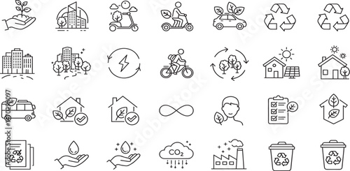 Green city editable stroke outline icons set isolated on white background flat vector illustration. 