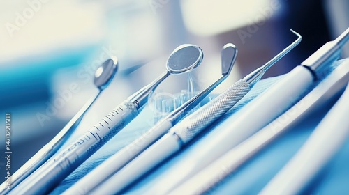 Close up view of dental tools on sterilized surface in clinical setting
