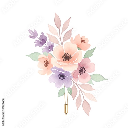 Pastel Watercolor Floral Bouquet with Leaves