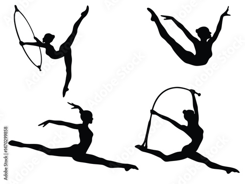 Silhouette of gymnasts with hoops and jumping poses