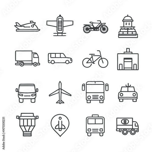 Assorted stylized transportation and landmarks icons