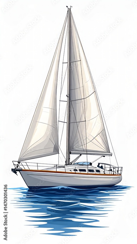 Fototapeta premium Illustration of a sailboat on the water with white sails against a white background