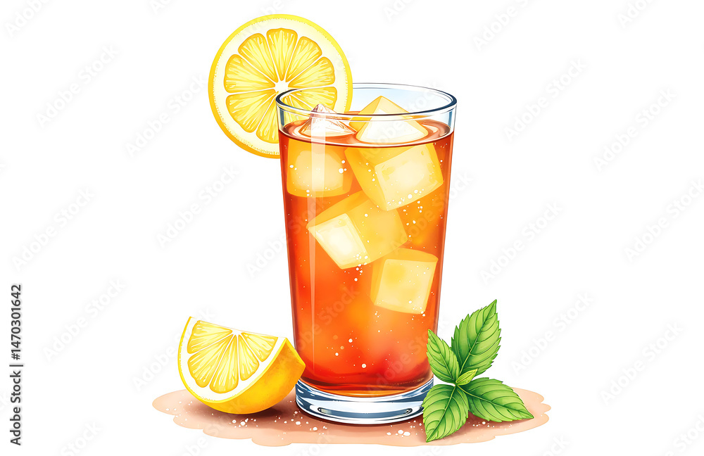 Fototapeta premium colorful watercolor illustration showcases refreshing summer drink featuring iced tea cocktail lemon slice sprig fresh