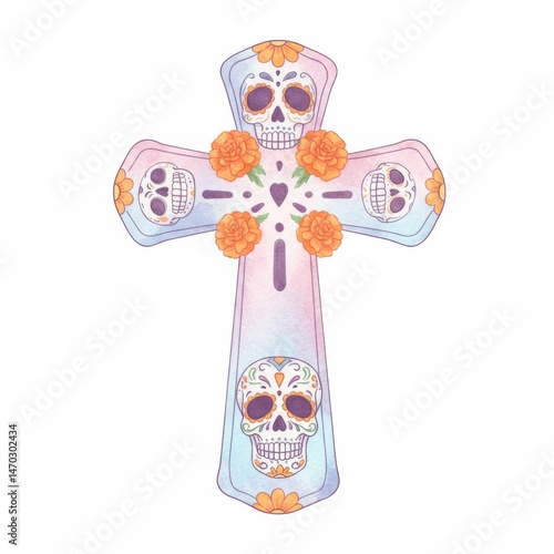 Pastel Cross Decorated with Sugar Skulls and Orange Flowers