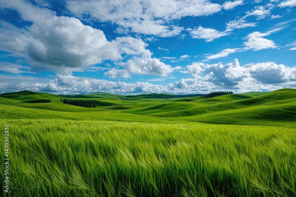 Green field under cloudy blue sky Green field under cloudy blue sky