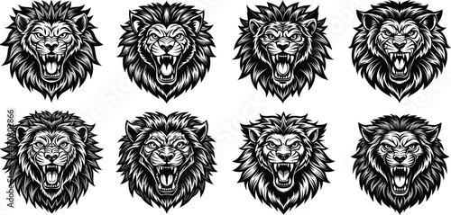 Set of Roaring Lion Head Illustrations – Majestic Wild Animal Vector Art