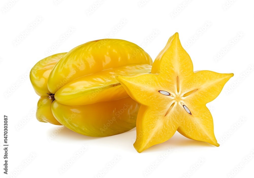 Two yellow star fruits, one sliced in half on a white background Two yellow star fruits, one sliced in half on a white background
