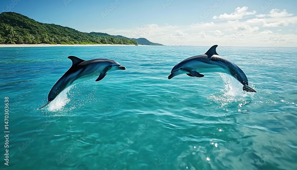 Obraz premium Two dolphins leaping from clear blue ocean near tropical island with palm trees, sandy beach, and cloudy sky.