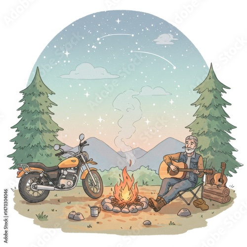 Man Playing Guitar by Campfire Under Starry Night
