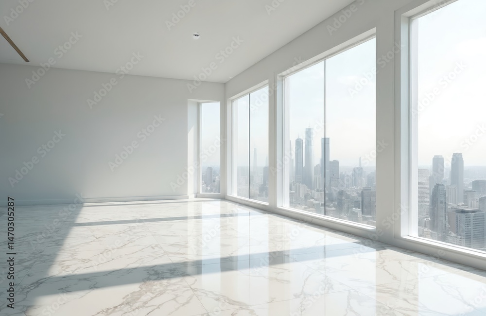 Fototapeta premium Modern white room with marble floor. City view through large panoramic windows. Bright sunlight fills interior. Empty space, minimalist design. Perfect for real estate, commercial projects. Interior