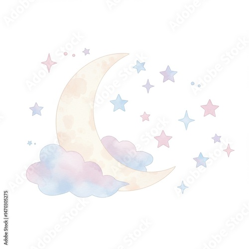 Pastel Watercolor Crescent Moon with Stars and Clouds