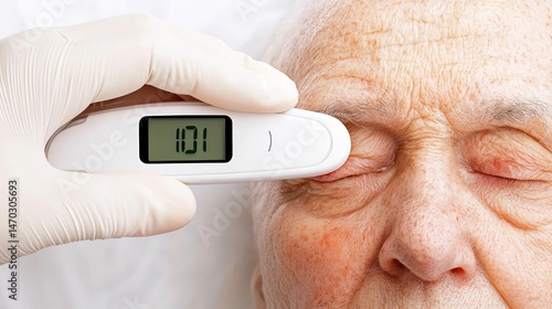 A person having their forehead temperature measured with device