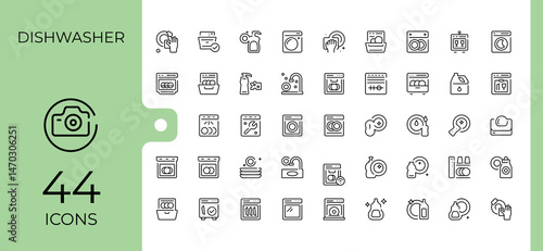 Set of Dishwasher line icon. Related to hygiene, anti-bacterial, clean, washing, bath, wash. UI icons set in a thin style. Dish icon set. Vector illustration.