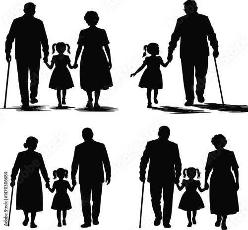 Grandparents walking together with granddaughter silhouette vector