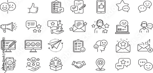 Customer feedback and testimonials editable stroke outline icons set isolated on white background flat vector illustration.