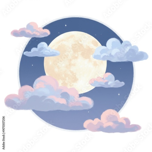 Pastel Moon and Clouds Night Sky Illustration