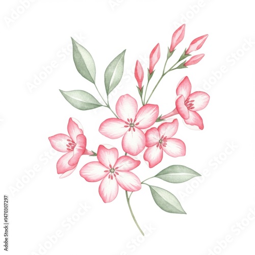Delicate Pink Watercolor Flowers with Green Leaves