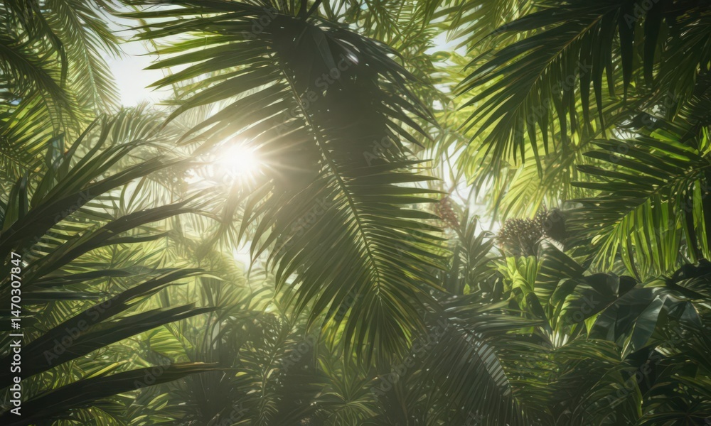 Fototapeta premium Lush green palm fronds, sunlight dappled through leaves , tropical plant, palm tree