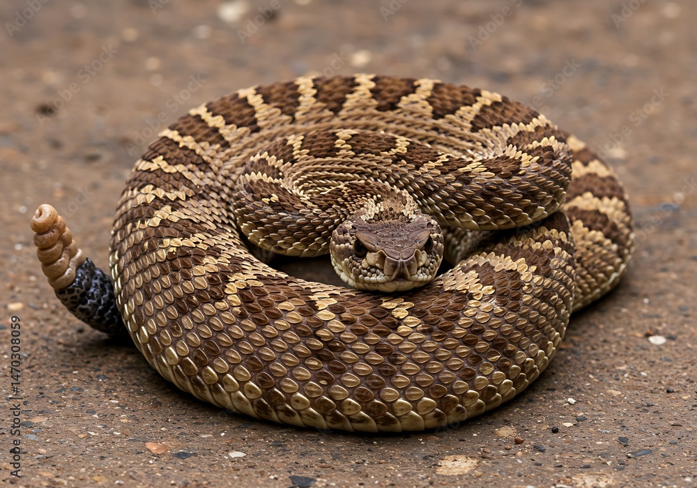 Coiled rattlesnake with patterned scales resting on the ground Coiled rattlesnake with patterned scales resting on the ground