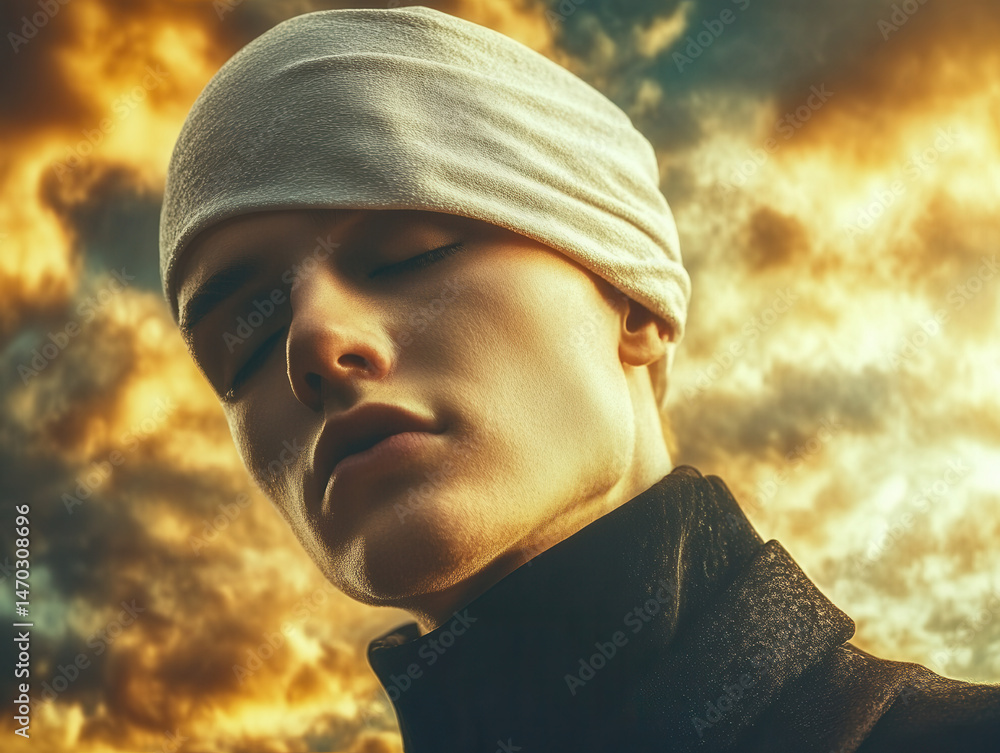 A hyperrealistic portrait of a man with a head seamlessly transforming into fluffy clouds, soft golden sunlight, detailed texture of the sky blending with his skin, dreamlike atmosphere, surrealism A hyperrealistic portrait of a man with a head seamlessly transforming into fluffy clouds, soft golden sunlight, detailed texture of the sky blending with his skin, dreamlike atmosphere, surrealism