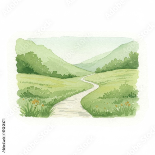 Watercolor Painting of Serene Green Hillside Path