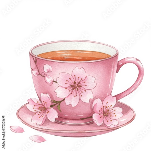 Pink Teacup with Cherry Blossoms Watercolor Illustration