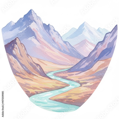 Watercolor Painting of Serene Mountain River Landscape