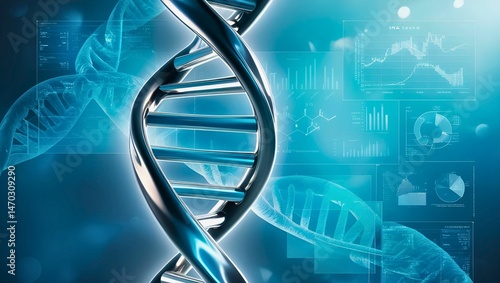 3D DNA Helix Over Scientific Data Visualization Cool Blue Tones
