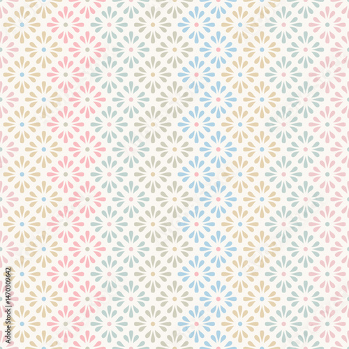 Colorful seamless pattern with cute simple flowers. Floral background in pastel colors for childrens clothing, textiles, wallpapers.