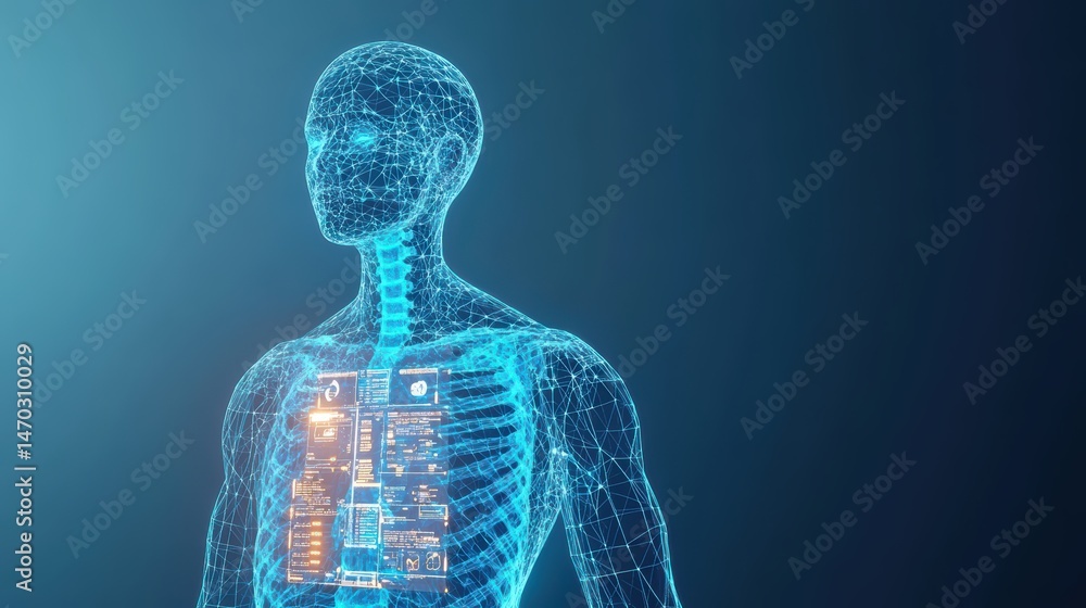Futuristic digital human anatomy with glowing lines and holographic displays representing health technology Futuristic digital human anatomy with glowing lines and holographic displays representing health technology