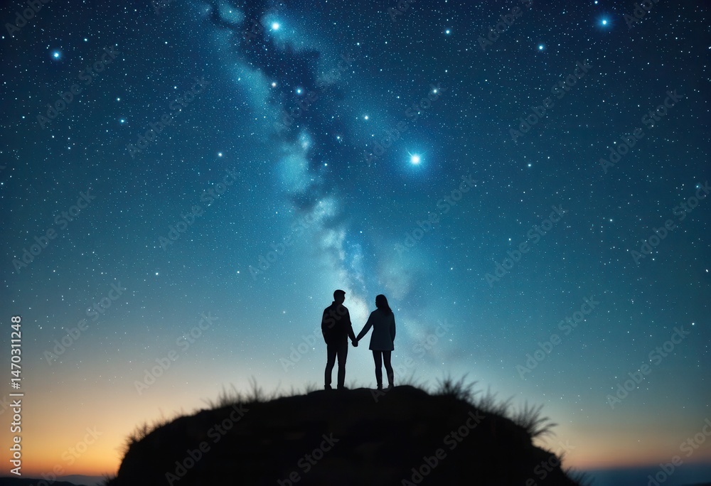 Fototapeta premium Couple enjoying a romantic moment under a starry sky on a hilltop at dusk