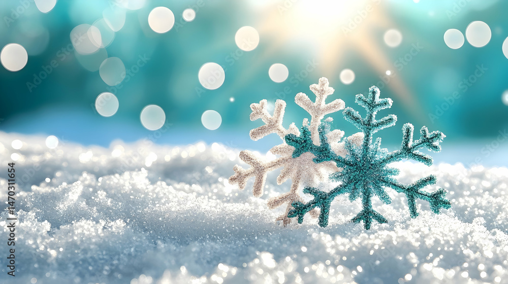 Two snowflakes, one white and one blue, rest on a bed of pristine snow against a backdrop of a sun-drenched sky with bokeh lights Two snowflakes, one white and one blue, rest on a bed of pristine snow against a backdrop of a sun-drenched sky with bokeh lights