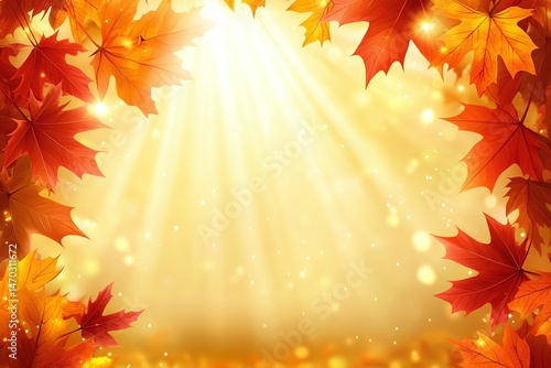 Autumnal leaves frame a radiant light background.
