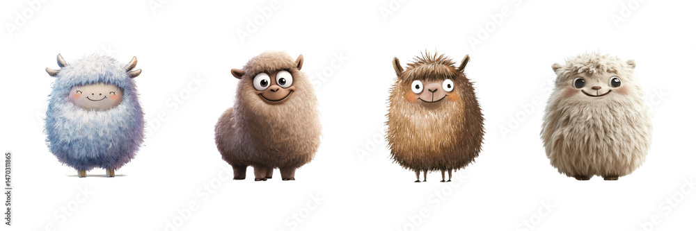 Fototapeta premium A set of fluffy alpaca with a quirky smile and thick coat, isolated against a transparent background