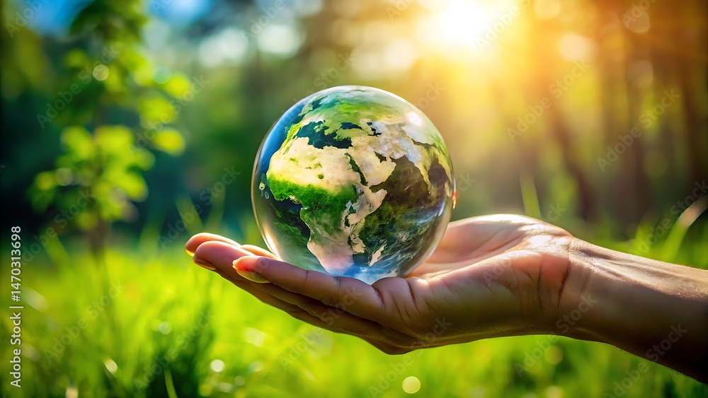 Hand Holding Glass Globe in a Sunny Green Field Hand Holding Glass Globe in a Sunny Green Field