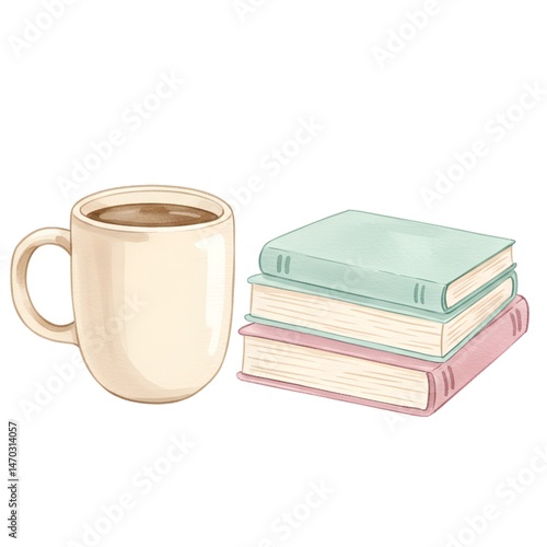 Creamy Coffee Mug and Pastel Books Still Life