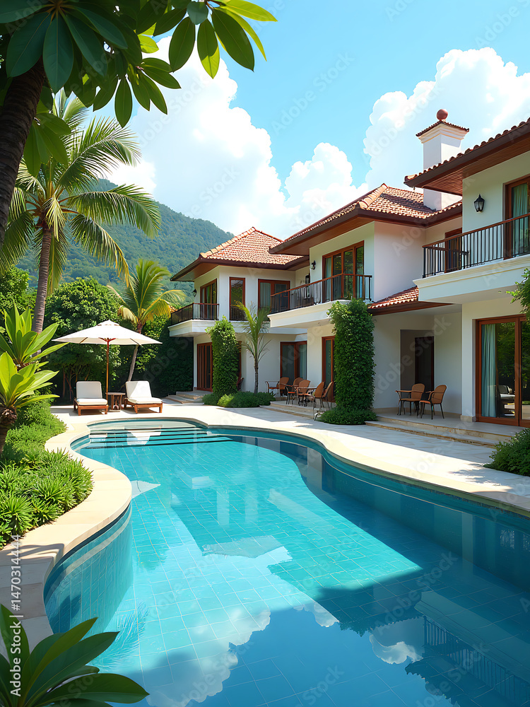 Fototapeta premium serene view sparkling swimming pool surrounded lush greenery front luxurious