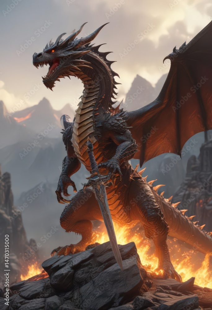 Dragon engulfed in flames, sword embedded in its flank, rocky peaks , destruction, rocks Dragon engulfed in flames, sword embedded in its flank, rocky peaks , destruction, rocks