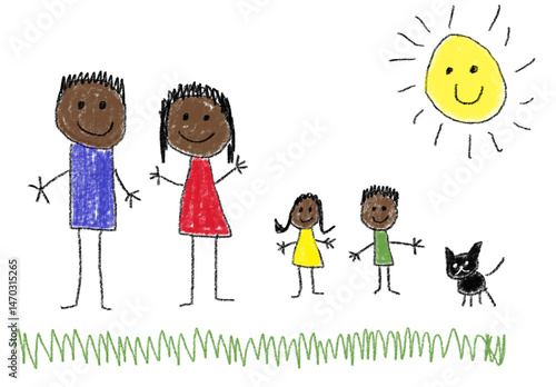 Family drawing elementary sketch with cat and sun 