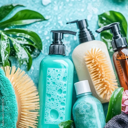 Eco-friendly bathing arrangement featuring organic bath products and fresh greenery