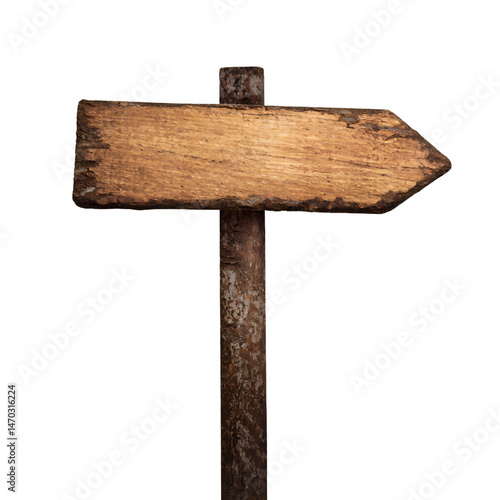 Old weathered wooden signpost with rough texture, dark grain and visible nails, themed designs, isolated on white background